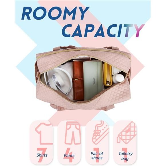 BAGSMART Travel Duffle Bag 31L Quilted Weekender Overnight Bag for Women (Pink) - Picture 4 of 7